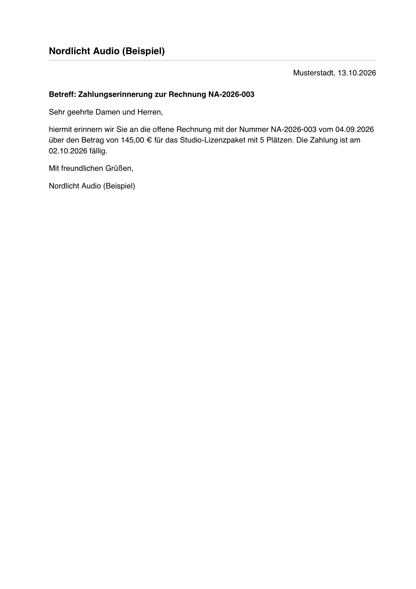 Das daraus erzeugte PDF: ein Schreiben mit dem Namen des Unternehmens im Briefkopf, Ort und Datum, Betreff, Anrede, Text und Grußformel.