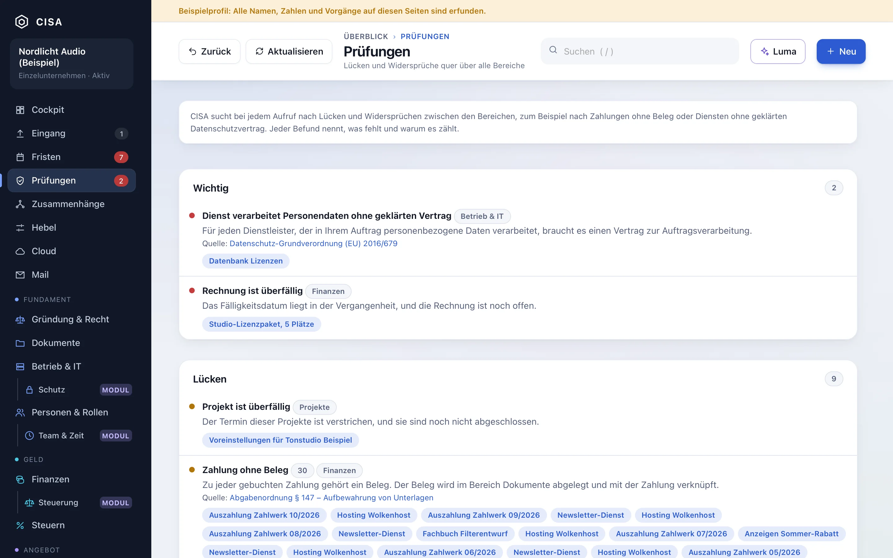 Die Seite Prüfungen mit wichtigen Befunden und weiteren Lücken des Beispielunternehmens.