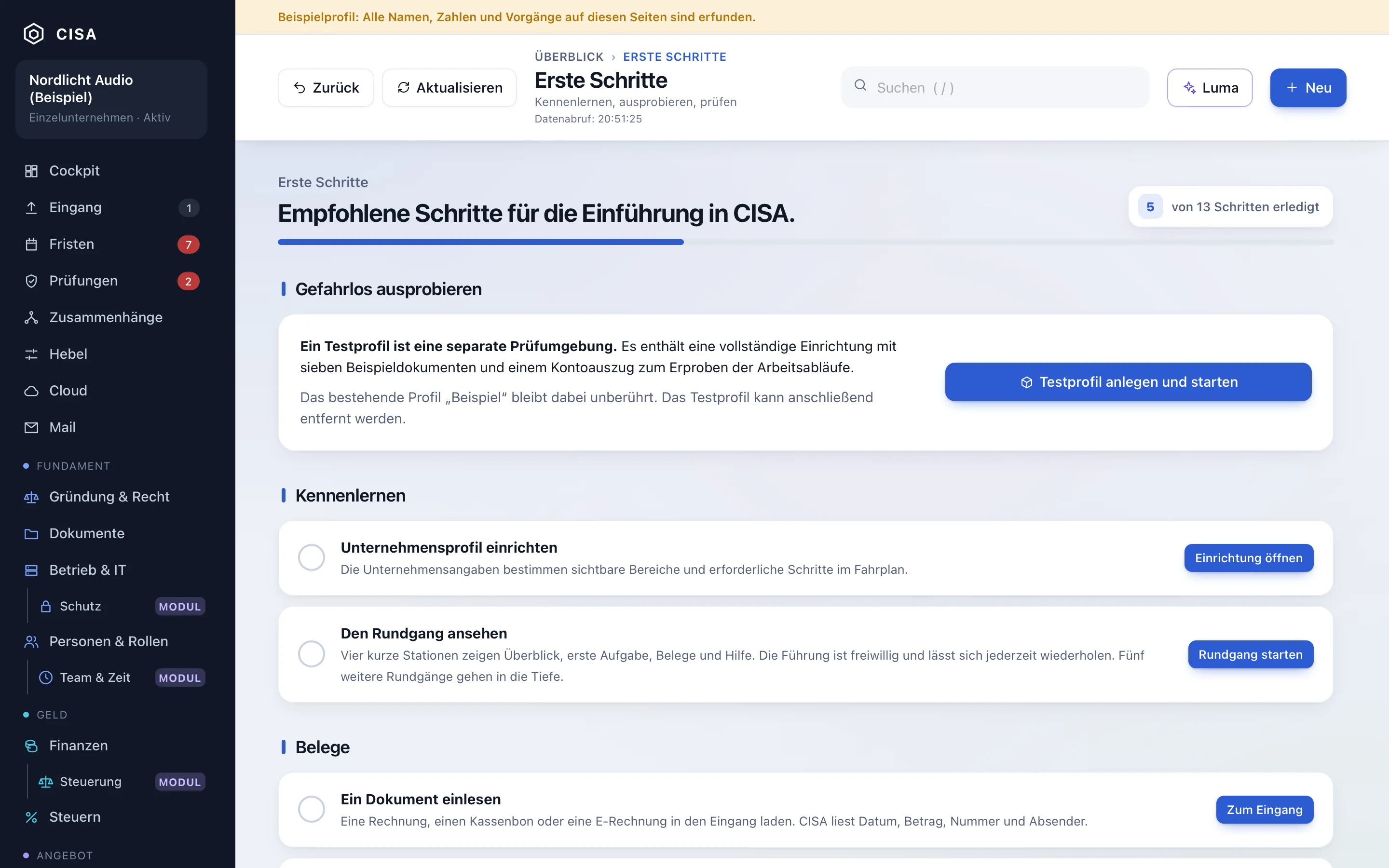 Die Seite Erste Schritte mit den empfohlenen Schritten für die Einführung in CISA und dem Testprofil.